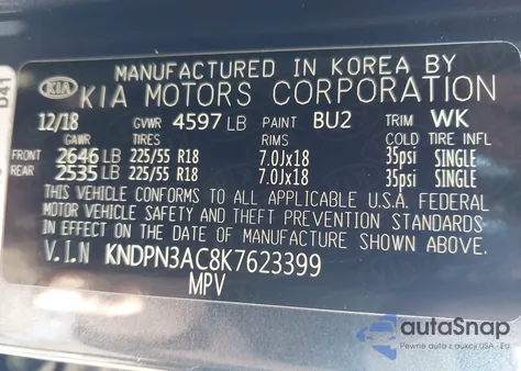 2019 Kia Sportage Ex из США, поврежденный, VIN KNDPN3AC8K7623399